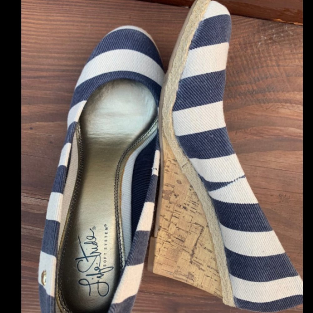 Navy/White Striped Wedge heel shoes 8.5